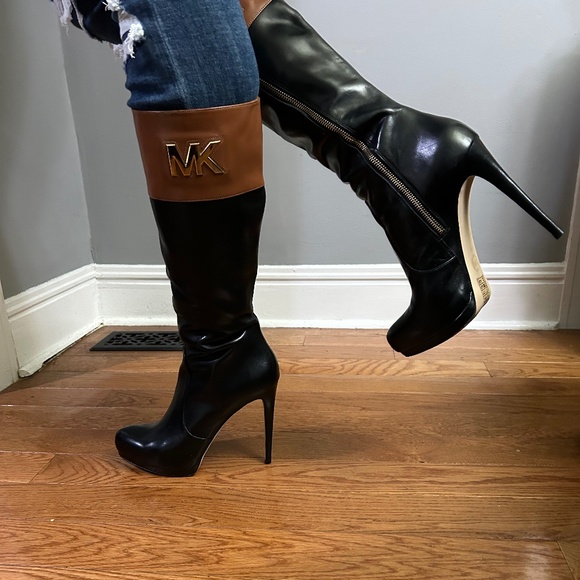 MICHAEL Michael Kors Fashion Leather high heel boot with gold tone MK on calf - Picture 7 of 11